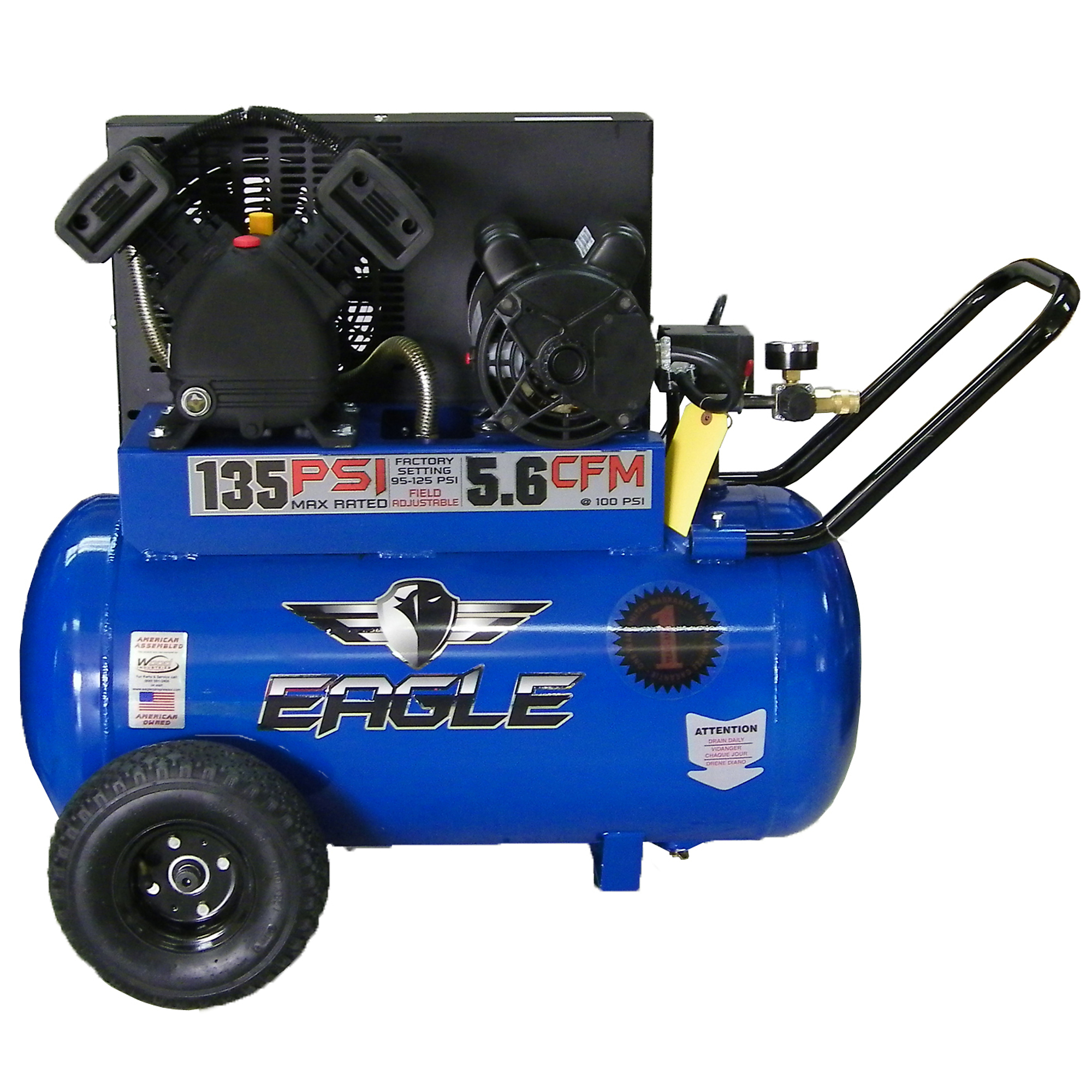 EAGLE, 20 Gallon 5.6 CFM Compressor, Horsepower 3 HP, Air Tank Size 20 Gal, Volts 110 or 220 Volt, Model# P3120H1-CC